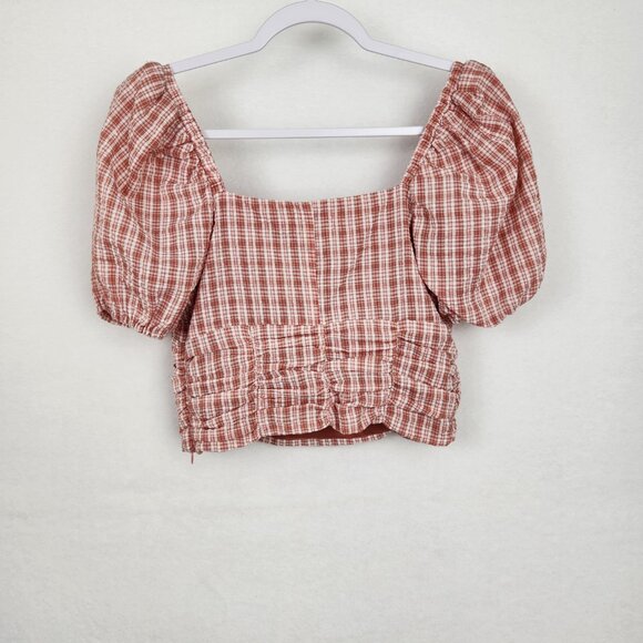 Vestique Pretty in Plaid Cropped Top with Puff Sleeves Size M Rose Pink - Picture 3 of 7